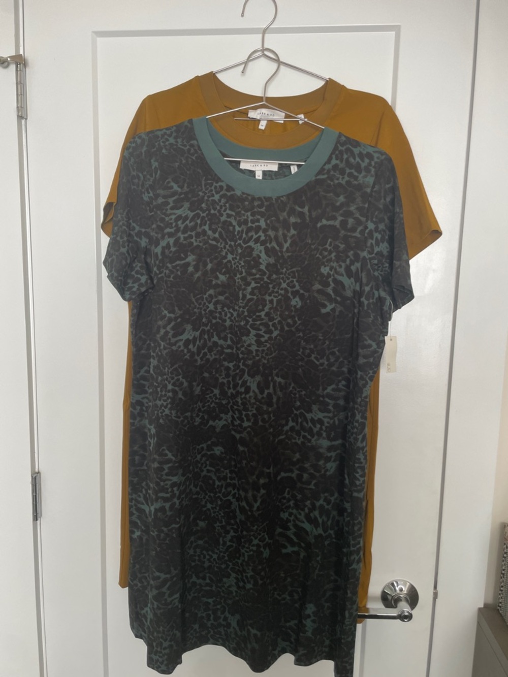Lark & Ro Tapenade and Olive Leopard-Print Short Sleeve Dresses (2 Dress Bundle)